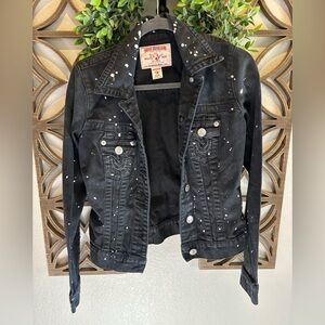 True Religion Women's Black Paint Splatter Trucker Denim Jacket XS